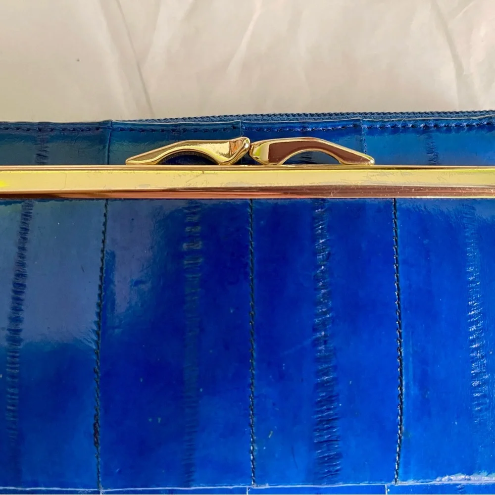 Rare Royal Blue Eel Leather Gold Accents Clutch Wallet